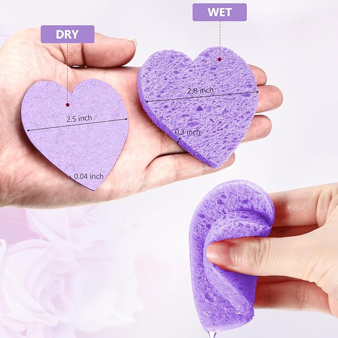 Nuenen 60 Pieces Facial Sponges with Container, Heart Shape Compressed Face Sponges Natural Cleaning Pads for Washing Face Cleaning Exfoliating Esthetician Makeup Removal(Purple)