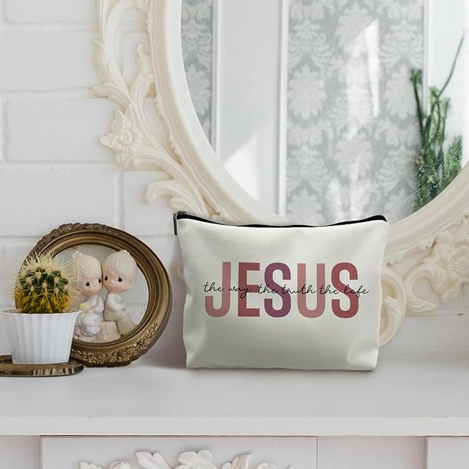 Christian Leather Makeup Bag, Jesus Cosmetic Bag, Christian Gifts for Women, Girls - Inspirational Bible Verse Bag (PU-Red)