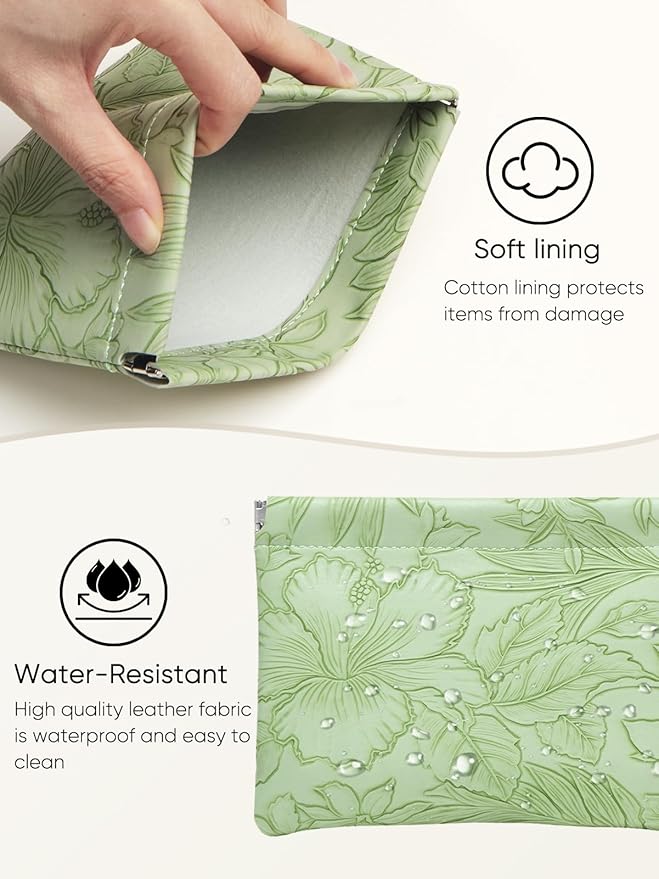 Floral Leather Makeup Pouch Set for Women Small Make Up Bag for Purse Waterproof Initial Makeup Cosmetic Bags Pouches for Purse Aesthetic Travel Toiletry Bag, Green