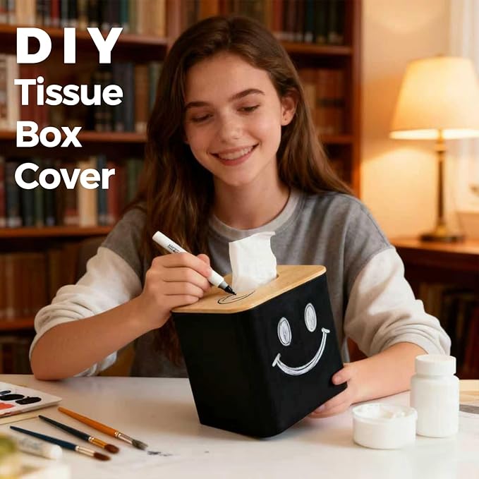 Black Tissue Box Cover, Square Tissue Box Holder with Bamboo Cover Plate, Cube Tissue Box Cover for Desk Accessories, Tissue Holders Decorative Square Tissue Box Tissue Holders for Bathrooms Bedrooms