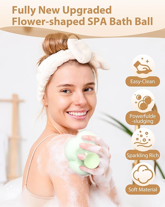 2026 Upgrade 4 Pcs Super Soft Flower-Shaped Suction Cup Bath Sponge, Upgraded 2-in-1 Flower-Shaped Ball Exfoliating Bath loofah Cleaning Brush, Mesh Shower Body Sponge for Shower
