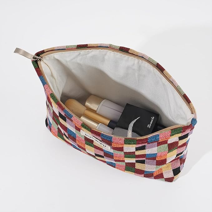 Makeup Bag Small Cute Cosmetic Bags for Women，Checkered Travel Toiletry Bag for Purse, Large Canvas Cosmetic Pouch Makeup Organizer Tool Pouch with Zipper（Colorful Checkered）