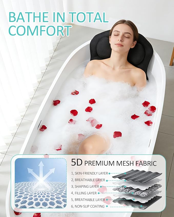 Full Body Bath Pillow for Bathtub, 5D Thick Tub Pillow for Bathtub with 192 Non-Slip Suction Cups, Laundry Bag & Hook, Bathtub Pillow for Head, Neck & Back Support (Black, 51"*15")