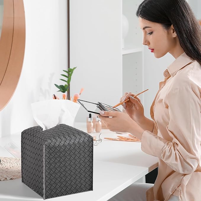 Tissue Box Cover PU Leather Tissue Holder Square Facial Tissue Case Facial Paper Organizer Dispenser for Bathroom, Vanity Countertop, Car, Dark Gray