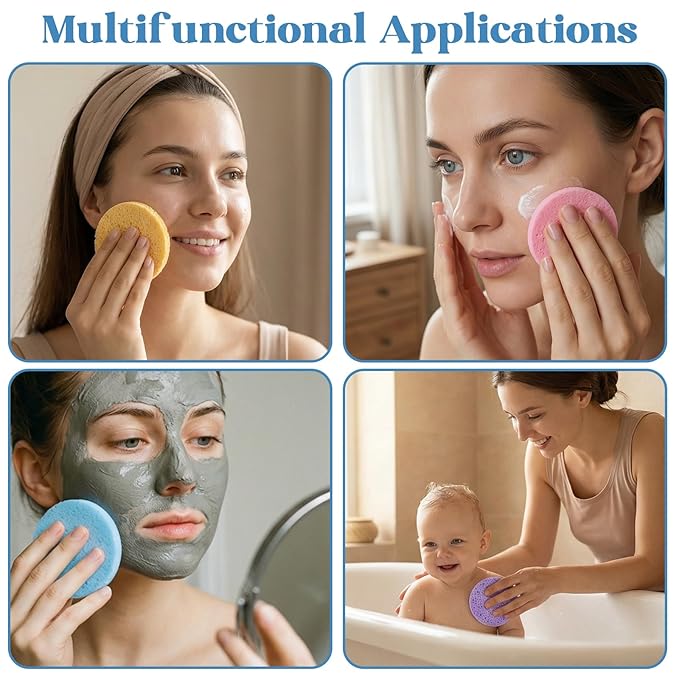 480 Count Compressed Facial Sponges, PVA Makeup Removal & Cleansing Pads, Reusable Exfoliating Face Wash Sponges for Women & Estheticians (Yellow, Purple, Blue, Pink) - 4 Colors, 3.3 Inch Diameter