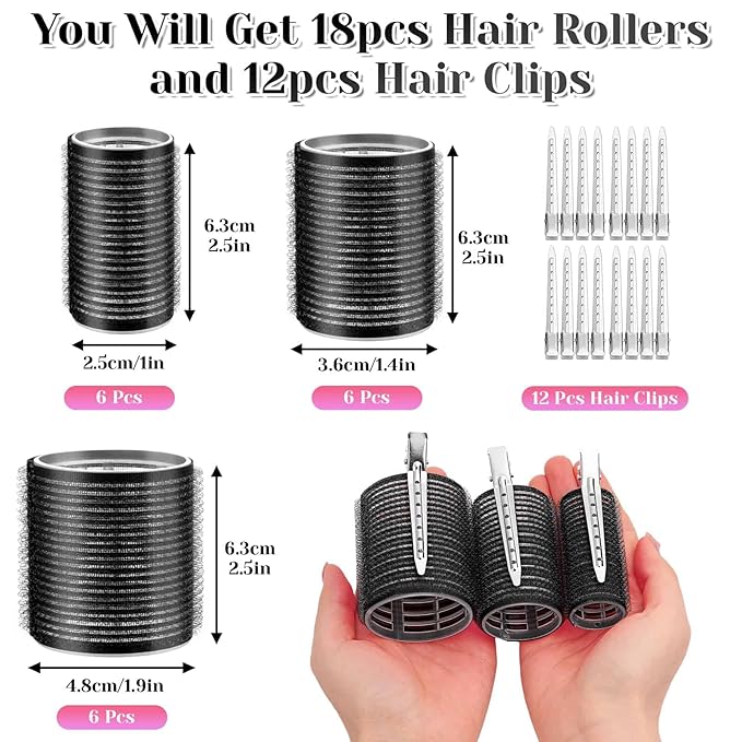 Rollers Hair Curlers 30Pcs Set with 3 Sizes (6 Large, 6 Medium, 6 Small) and 12 Clips, Storage Bag for Long, Medium, Short Hair Volume