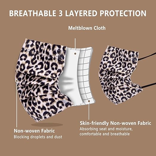 Borje Disposable Face Masks with Designs Cute Face Mask 3 Ply Cheetah Print 50 Pcs