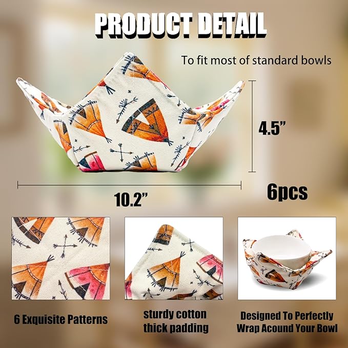 Cotton Microwavable Bowl Cozy ，Set of 6，Microwave-Safe Hot Bowl Holders, Soup Bowl Cozy Hot Pads，Prevent Hand from Heat and Maintain Food Warm，Ideal Household Gift Store（A）