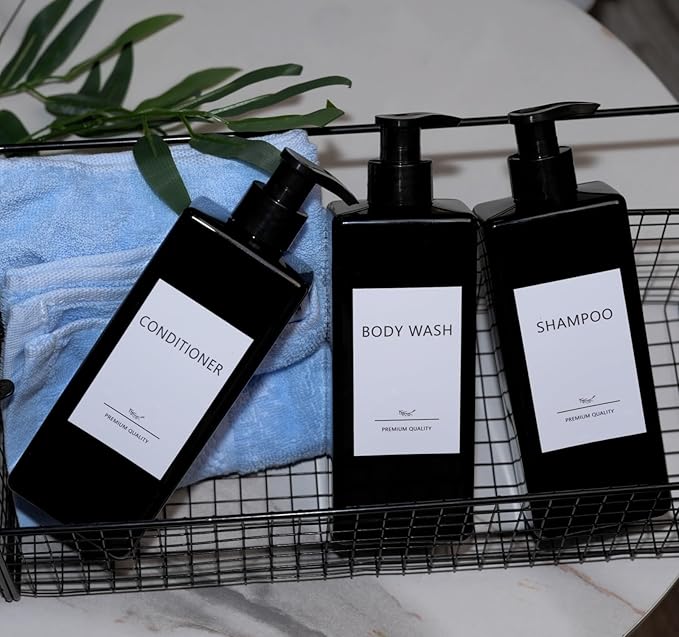 Shampoo and Conditioner Dispenser Set, 3Pack Refillable Shampoo and Conditioner Bottles with Labels, 500ml Soap Dispenser 16.9oz Shower Dispenser Square Pump Bottle for Bathroom and Kitchen - Black