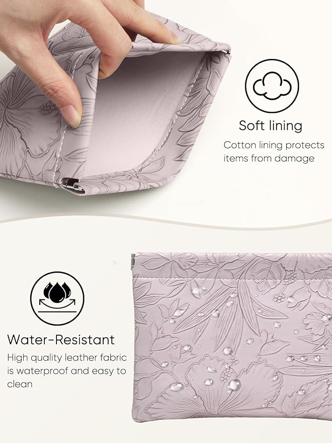 Floral Leather Makeup Pouch Set for Women Small Make Up Bag for Purse Waterproof Initial Makeup Cosmetic Bags Pouches for Purse Aesthetic Travel Toiletry Bag, Purple