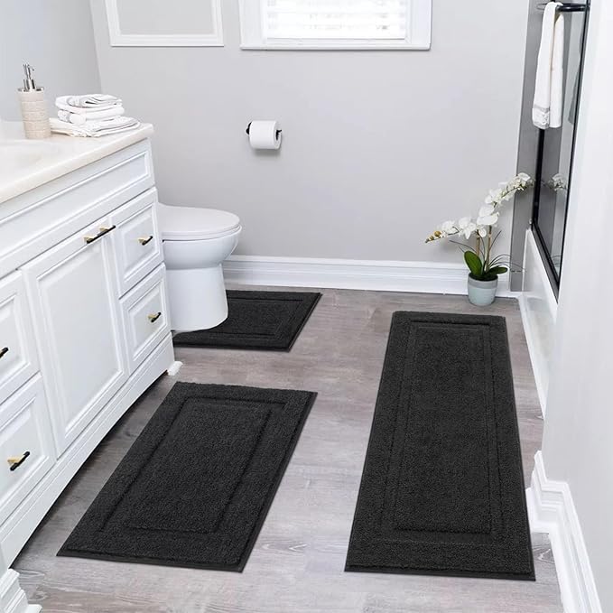 SHACOS Black Bathroom Rugs Sets 3 Piece, 20"x32" + 20"x47" Non Slip Bath Mat and 20"x24" Toilet Rugs U Shaped Washable, Soft Fluffy Water Absorbent Bathroom Floor Mat