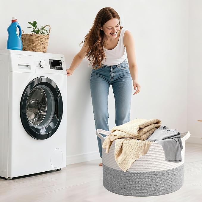 65L Large Blanket Basket,19.7" L x 19.7" W x 13" H Rope Woven Baskets with Handles, Toys Storage Bins,Laundry Basket Perfect for Living Room, Nursery,Bedroom,Home Organization,White&Grey