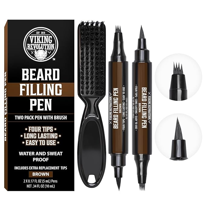 Viking Revolution Beard Pen (2 Pack) - Brown Beard Pencil Filler for Men Lapiz para Barba de Hombre - Beard Filler for Men Waterproof Beard Filling Pen Kit - Long Lasting Beard Filler Pen with Brush