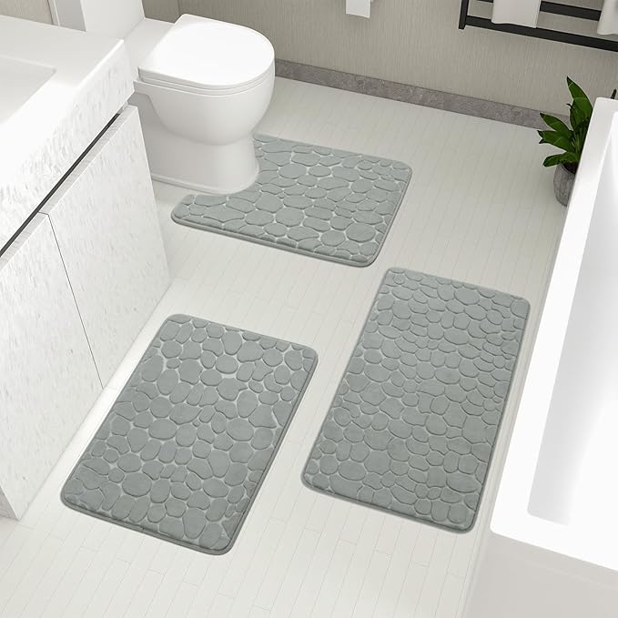 YIHOUSE Bathroom Rugs Mat Set 3 Piece Light Grey, Memory Foam Bath Mats Sets, Non Slip Water Absorbent Washable Bath Rugs for Sink, Toilet and Floor