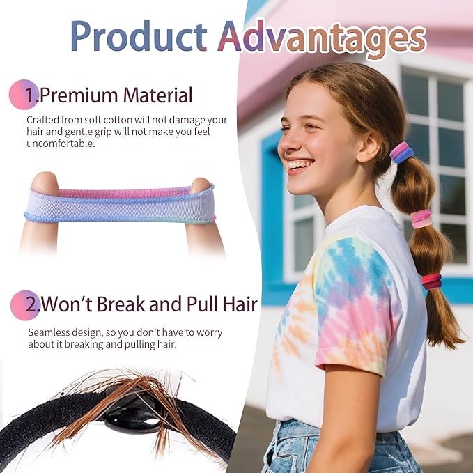 Bessrung 100 PCS Seamless Hair Ties, No Damage Elastic Hair Ties for Women Girls, Strong Hold No Slip Hair Bands, Soft Stretchy Ponytail Holders for Thin Thick Hair(Rainbow Color)