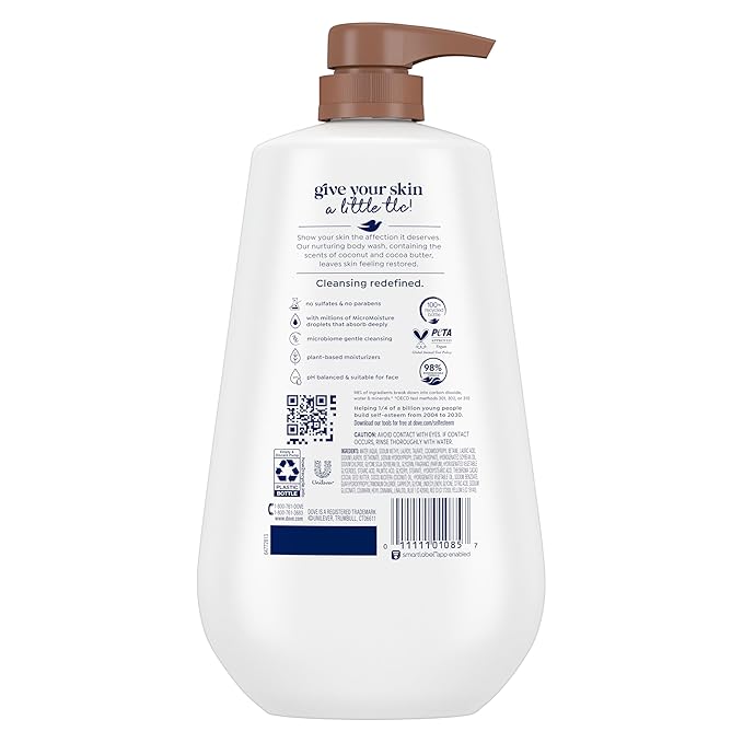 Dove Body Wash with Pump Restore Coconut & Cocoa Butter for 24hr Lotion-Soft Skin Moisturizing Skin Cleanser with No Sulfates No Parabens 30.6 Oz (Pack of 3)