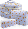 Quilted Makeup Bag Set, 3pc Large Floral Cosmetic Bag for Women, Cute Cotton Makeup Bags, Flower Travel Toiletry Organizer Bag (Blue Small Sheep)