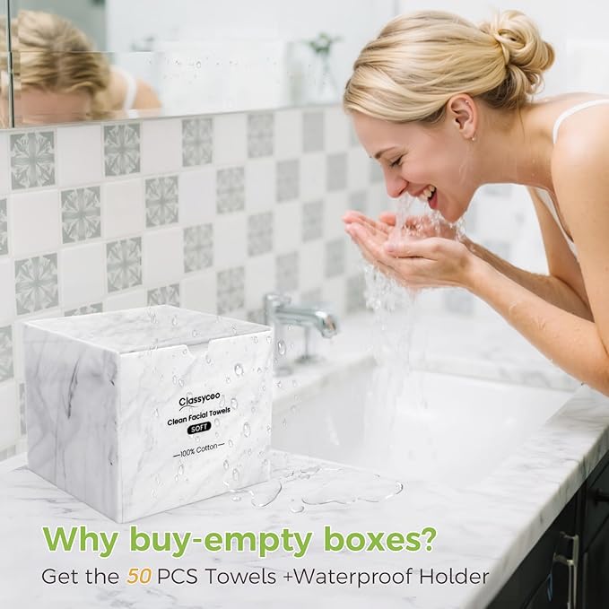 Classycoo Disposable Face Towel Holder with 50 PCS XL Washcloth, Compatible with Clean Skin Club Cotton Towel, Odor-Free, Marble Acrylic Container Box Facial Wipes, Bathroom Cosmetic Storage