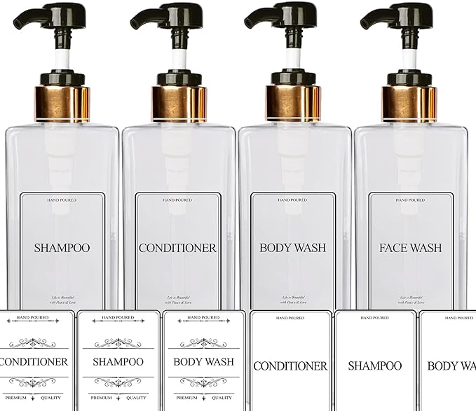 Empty Plastic Square Bottles Pump Shampoo Conditioner Body Wash Face, in Shower Bathroom Dispenser, Waterproof Permanent Labels, 27oz 800ml Set of 4 (Clear Plastic, Gold Black Pump)