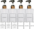 Empty Plastic Square Bottles Pump Shampoo Conditioner Body Wash Face, in Shower Bathroom Dispenser, Waterproof Permanent Labels, 27oz 800ml Set of 4 (Clear Plastic, Gold Black Pump)