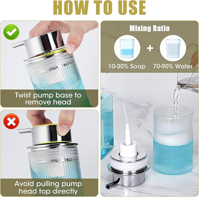 NiHome 14oz Ribbed Glass Foaming Hand Soap Dispenser, High-Capacity Easy to Refill for Home & Commercial Use, Clear Foaming Soap Dispenser for Bathroom, Kitchen with Large Foam Pump & Non-Slip Mat