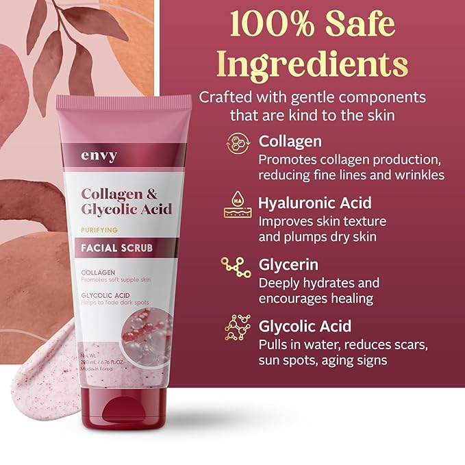 Envy Collagen & Glycolic Acid Face Scrub - Anti-Aging, Softening & Dark Spot Improving Exfoliating Scrub - Dermatologist Tested, Clean Beauty for All Skin Types - 6.76 Oz