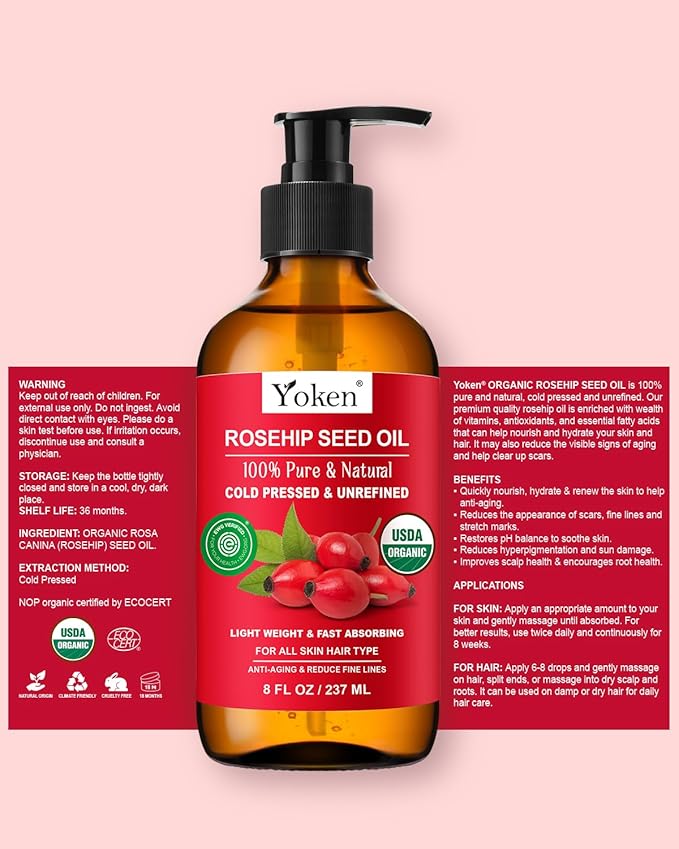 Rosehip Seed Oil Organic, USDA Certified 100% Pure Rosehip Oils for Skin & Hair, 8 fl oz Cold Pressed Rose Hip Oil for Full Body Care, Moisturizing, Gua Sha, Massage, Carrier Oil