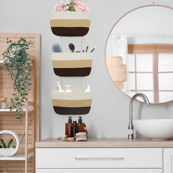 TeoKJ Over the Door Hanging Baskets, 3-Tier Woven Cotton Storage Organizer Bag Decorative Nursery Kitchen Baskets，Gradient Brown