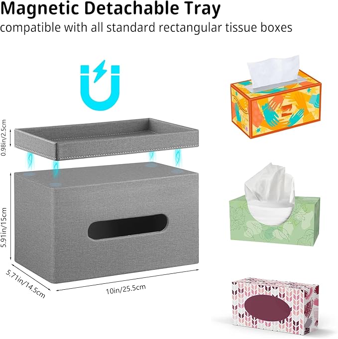YAPISHI Large Tissue Box Cover Rectangle with Tray Storage, PU Leather Facial Tissue Holder, Fits 230-Count Family Size Kleenex, Modern Nightstand Organizer for Bathroom Office Home Decor