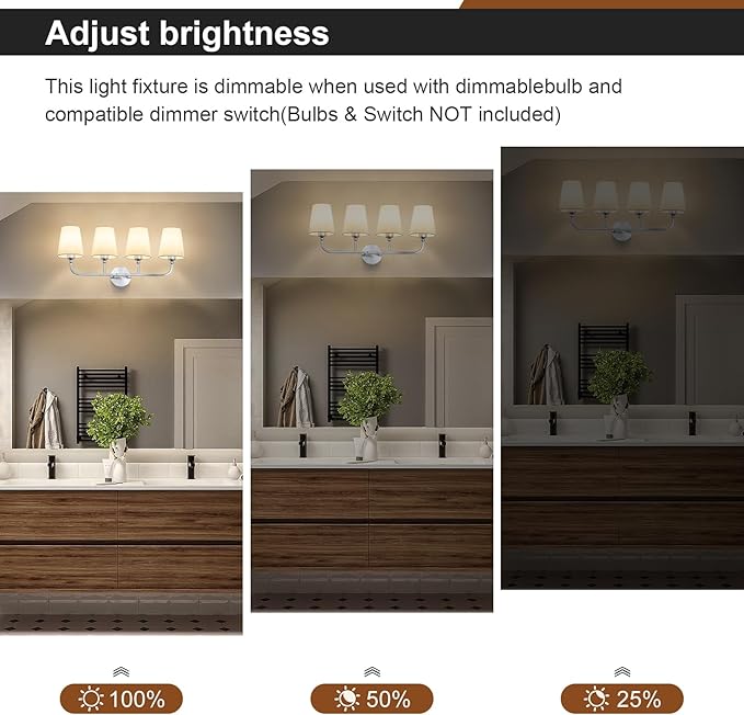 Bathroom Vanity Light, Brushed Nickel Bathroom Light Fixtures, 4-Light Lighting Fixtures Over Mirror, Modern Wall Sconce with Flared White Fabric Shade, E26 Socket(ETL Listed)