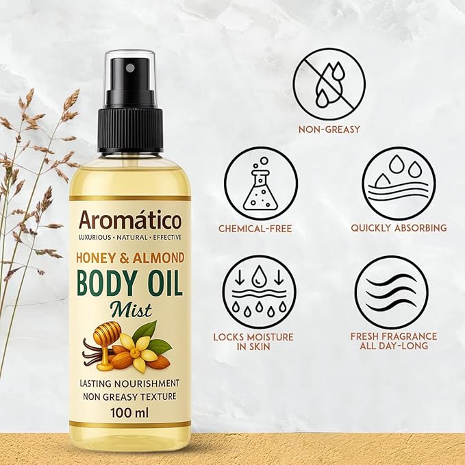 Honey & Almond Body Oil Mist for Women | Lightweight, Non-Sticky, Spray-on formula for Daily use After Shower | Moisturized, Soft, Glowing Skin | Cozy, Creamy Vanilla Scent - 4 Fl Oz