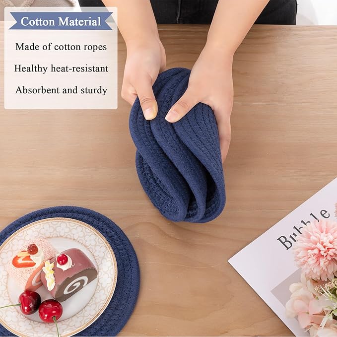 SHACOS 8 Inches Trivets for Hot Dishes, 4 Pieces Cotton Trivets Mats for Kitchen, Heat-Resistant Pot Holders for Countertops and Table, Hot Pads for Hot Pots and Pans, Navy Blue