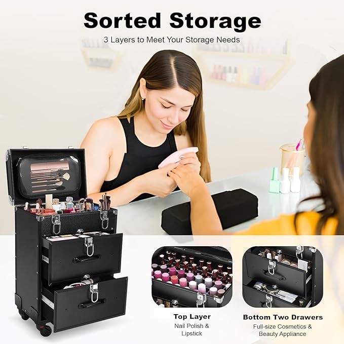 Lockable Makeup Train Case,110lbs Rolling Hairdressing Trolley,Beauty Salon Cosmetic Luggage with Universal Wheels for Hair Stylist,Make-up Artists,Hairdressers (Black 5)