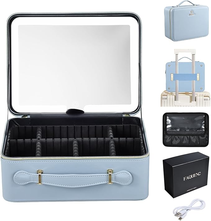 Leather Makeup Case with LED Lighted Mirror 11.4 Inch Travel Makeup Bag Adjustable Brightness in 3 Colors Cosmetic Organizer Artist Storage Bag with Dividers Brush Holder Bag Vanity Blue