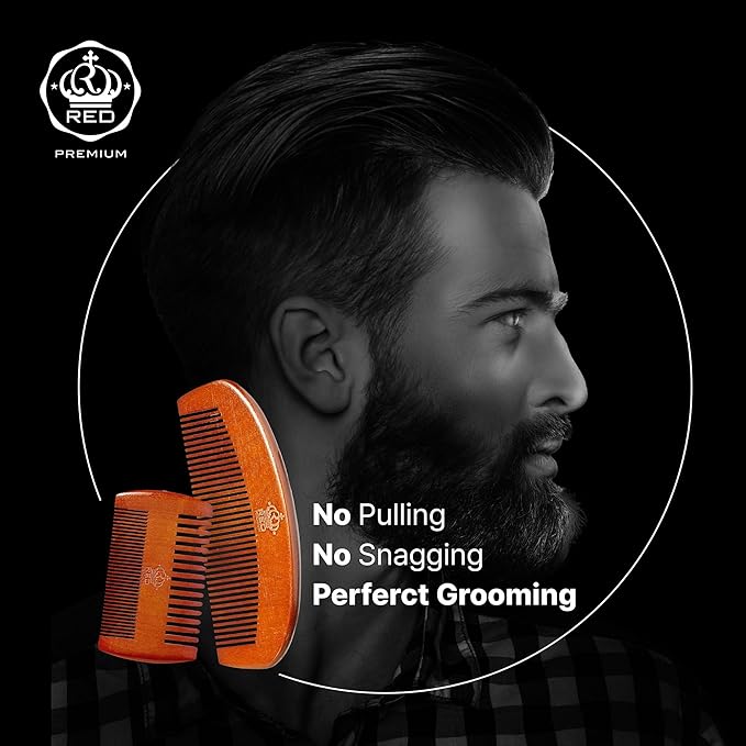 Red by Kiss RED Premium Beard Grooming Kit, 2 Premium Wood Combs & Professional Shear Set for Men, Complete Facial Hair Styling, Maintenance Kit with Ergonomic Design, Easy to Carry