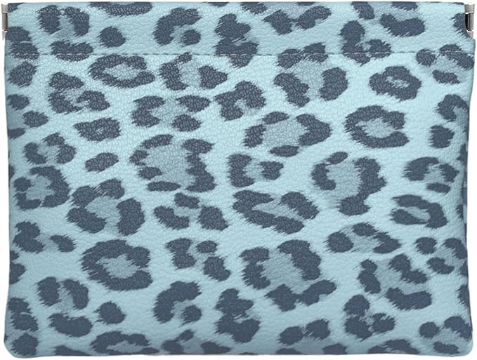 Leopard Leather Small Makeup Pouch for Women,Cosmetic Accessories,Waterproof and Portable Cosmetic Bag,Self-closing, No Zipper, Aesthetic Storage Pouch,Lipstick for Purse,Azure-blue