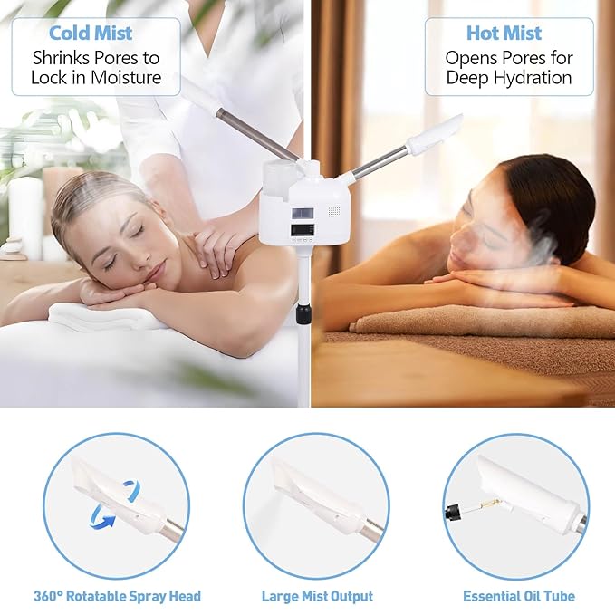 Facial Steamer with Hot & Cold Mist Function, 2 in 1 Facial Steamer with Ozone for Facial Deep Cleaning and Hydration, Esthetician Steamer on Wheels, Ideal for Salon Spa Home Beauty Equipment, White