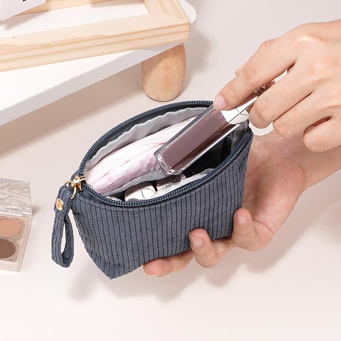 MAGEFY Mini Makeup Bag, Cute Small Makeup Bag for Purse Corduroy Cosmetic Bag for Women with Slip-in Pockets Travel Purse Essentials Lipstick Bag(Grey,Mini)