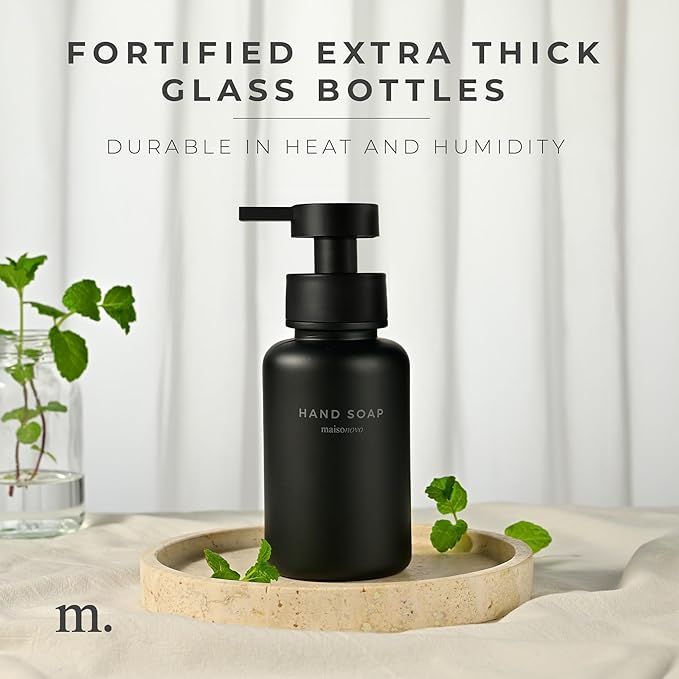 MaisoNovo Glass Foaming Hand Soap Dispenser 14 Oz | Black Foaming Soap Dispenser Black Plastic Pump x 1 w/Labels