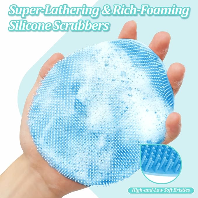 Silicone Bath Gloves 2PCS, 360° Anti-Slip & Enlarged Silicone Body Scrubber for Rich Foaming Deep Cleaning, Revolutionary No-Grip & Hand-fit Shower Scrubber for All Skin Types.(Black+Blue)