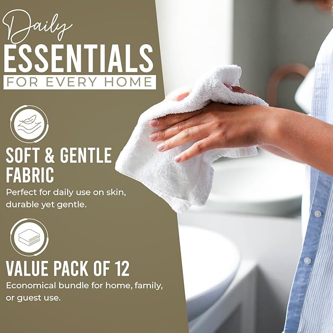 DAN RIVER 12 Pack Wash Cloths for Showering [12x12] - 100% Cotton Washcloths Premium Quality Flannel Face Cloths for Bathroom, Highly Absorbent and Soft Feel Wash Clothes, Beige