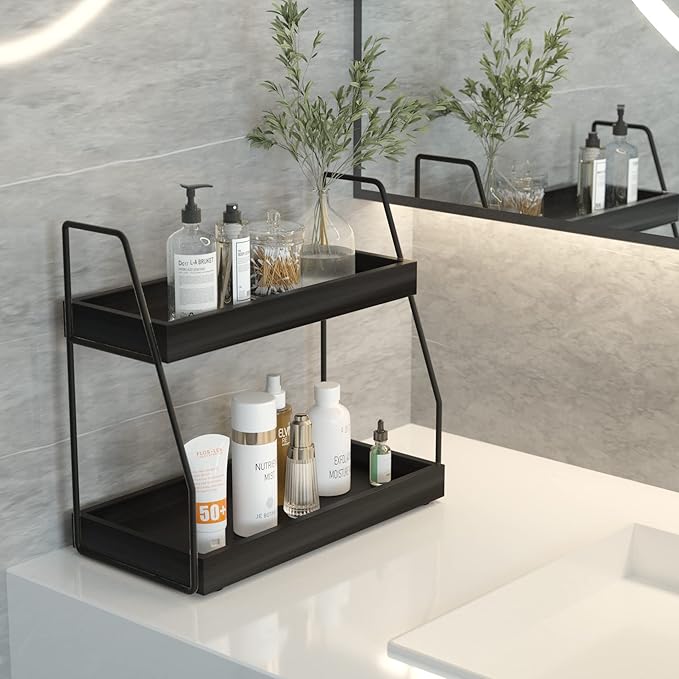 ZGO 2-Tier Modern Bathroom Counter Organizer, Wooden Sink Organizer Shelf for Vanity Storage, Makeup Bedroom Corner (Black Frame, 2 Shelves)