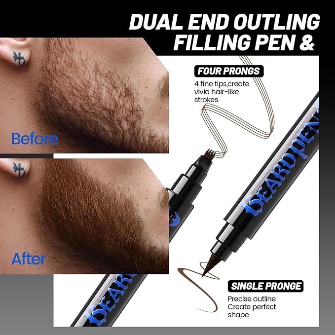 Noerrors Beard Filler Pencil Kit Dual End 4 Tips Beard Pen and Brush Set Hairline Moustache Eyebrows Filling Shaping Styling Makeup Tools Waterproof Longlasting For Men #Brown