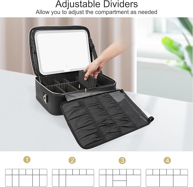 Relavel Makeup Case Large Makeup Bag with LED Mirror, Professional Train Case 16.2 inch, Travel Cosmetic Organizer Brush Holder Waterproof Makeup Artist Storage Box with Adjustable Strap