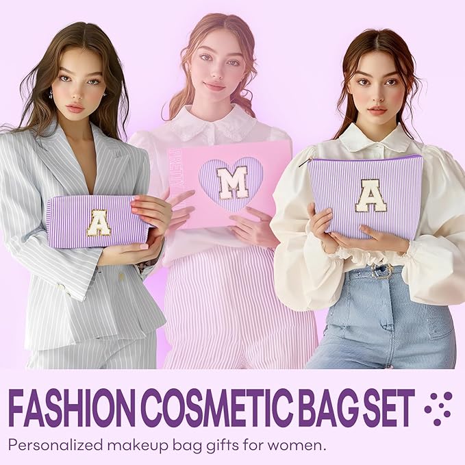 2 PCS Initial Makeup Bags for Women: Cosmetic Bag for Travel Toiletry - Birthday Gifts for 11 12 13 14 15 16 17 18 Years Old Girl Graduation Teacher Gift- Teen Girl Gifts Trendy Stuff - Purple D