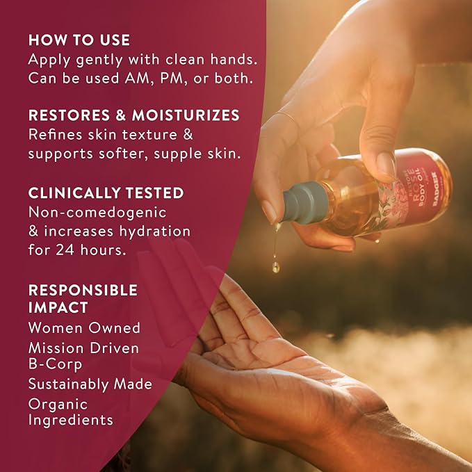 Badger Rose Body Oil, 100% Organic Rose Scented Body Oil, All Natural Body Moisturizer, Organic Jojoba & Rose Oils Soothe Dry Skin, 4 fl oz Glass Bottle