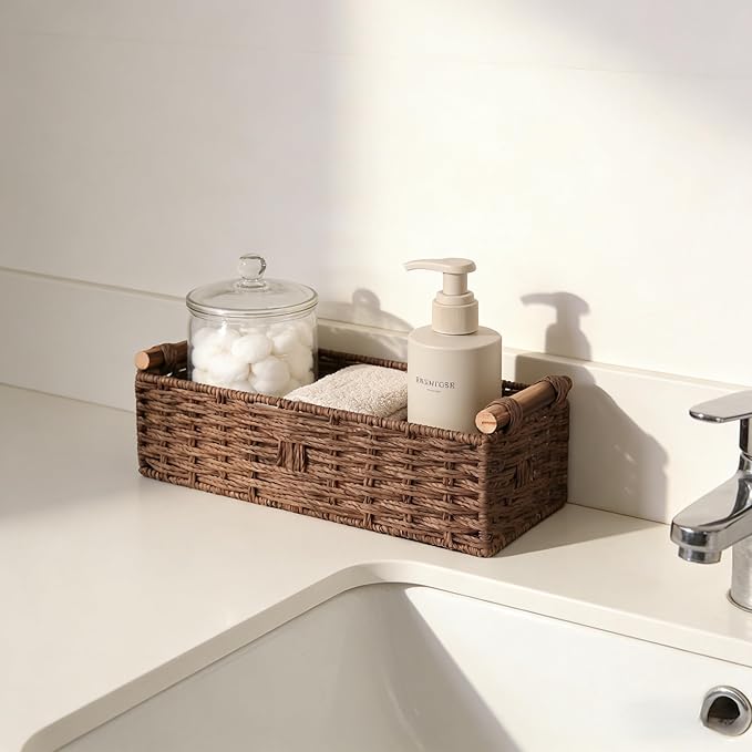 Back of Toilet Basket, Brown Wicker Toilet Tank Basket for Toilet Paper Storage, Basket for Toilet Tank Top, Decorative Bathroom Organizer for Towels & Essentials