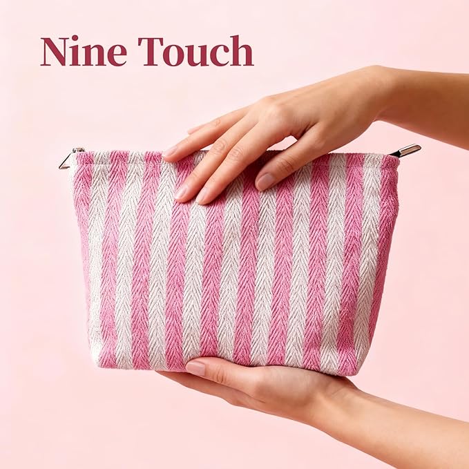 Pink Striped Canvas Makeup Bag, Lightweight Cosmetic Pouch with Large Zipper Pull & Cotton Blend Lining, Travel Toiletry Organizer for Women & Gifts, Skincare Bag Hygiene Pouch Sunscreen Bag