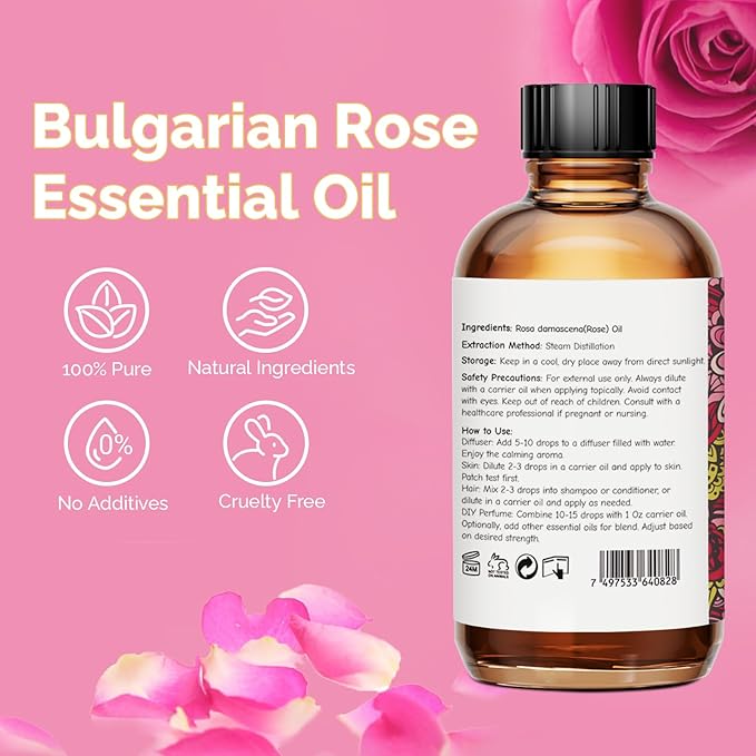 Rose Essential Oil for Face, Hair, Body, Skin, Aromatherapy, Essential Oils Diffuser, DIY Blends - 4 Oz