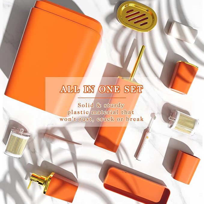 Bathroom Accessories Set - Luxury Orange Bathroom Set, 9 Pieces Bathroom Accessory Set, Orange Bathroom Accessories with Trash Can, Toilet Brush & Soap Dispenser